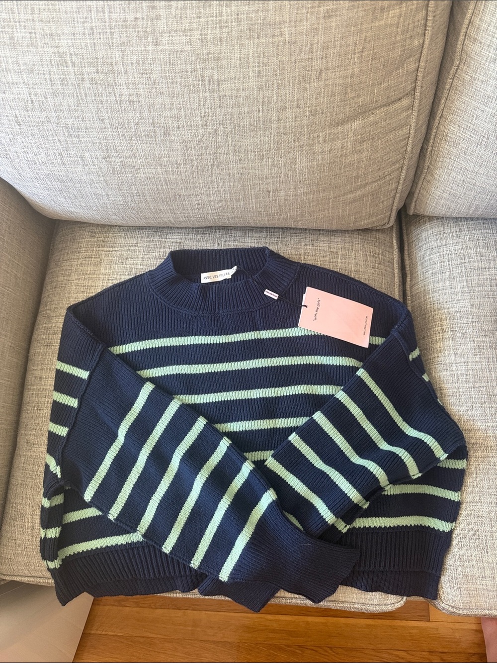 Avec Les Filles Navy and Aqua Stripe Crewneck Sweater